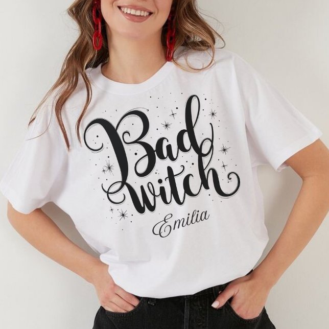 Camiseta Elegante Má Bruxa Nome Halloween Preto e Branco (Criador carregado)