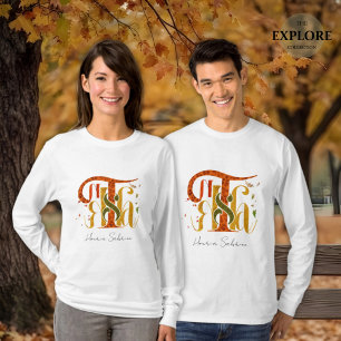 Camiseta Elegante Manuscrito Obrigado Outono Folhagem de Ou