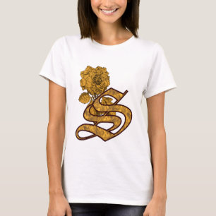 Camiseta Elegante Monograma Inicial S Peônia Dourada