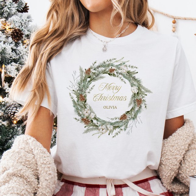 Camiseta Elegante Pine Wreath e Greenery | Feliz Natal (Criador carregado)