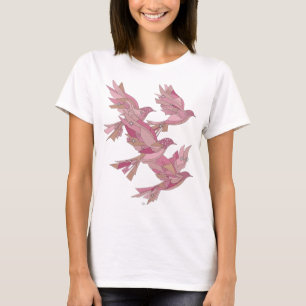 Camiseta Elegante Prata Pássaros Rosa Design Moderno