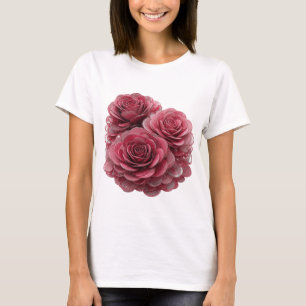 Camiseta Elegante Prata TRÊS ROSAS ROSADAS COM GOTAS DE ÁGU