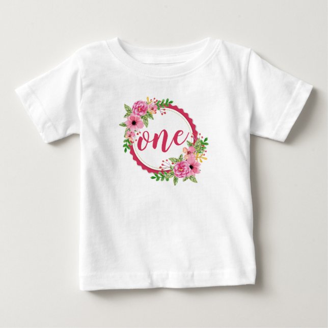 Camiseta Elegante Primeiro Aniversário Floral Wreath | Romp (Frente)