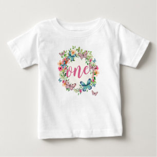 Camiseta Elegante Primeiro Aniversário Floral Wreath Rutl