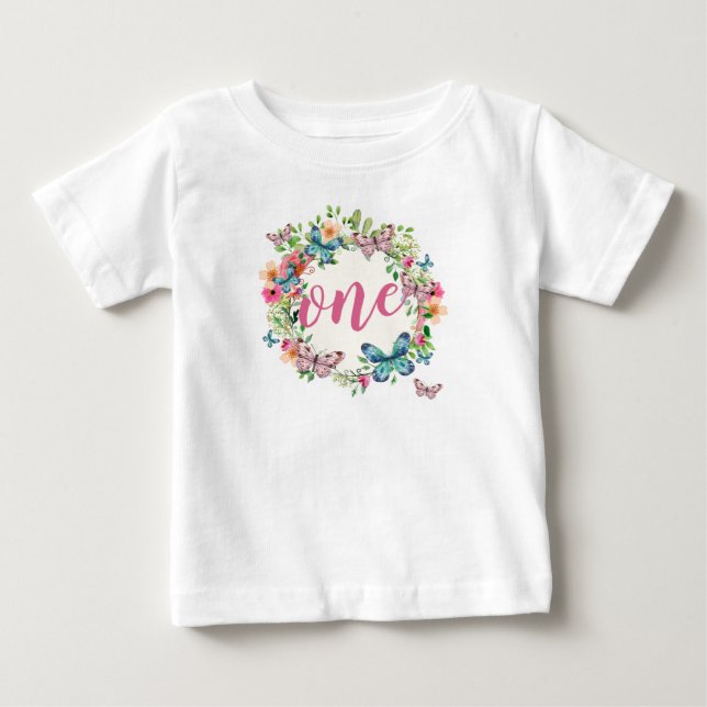 Camiseta Elegante Primeiro Aniversário Floral Wreath | Rutl (Frente)