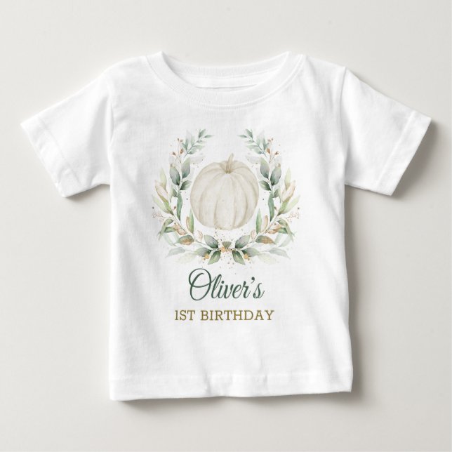 Camiseta Elegante Queda Abóbora Verde Dourado Aniversário (Frente)