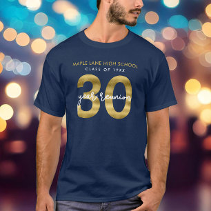 Camiseta Elegante Reunião de Classe de 30 Anos em Ouro Fals