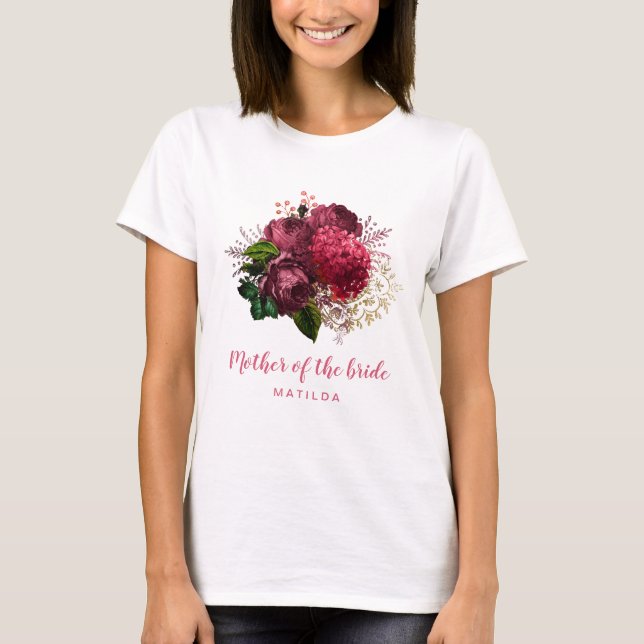 Camiseta Elegante rosa dourado, mãe floral da noiva (Frente)