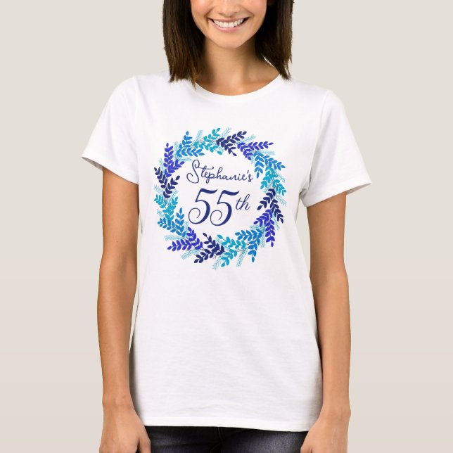 Camiseta Elegante Royal Blue Wreath Monograma 55. Aniversár (Frente)