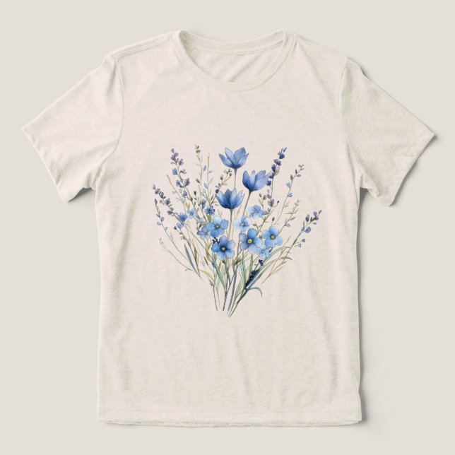 Camiseta Elegantes Flores Azuis Selvagens (Design frontal)