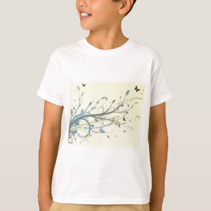 Camiseta Elegantes Redemoinhos Florais Azuis e Dourados com