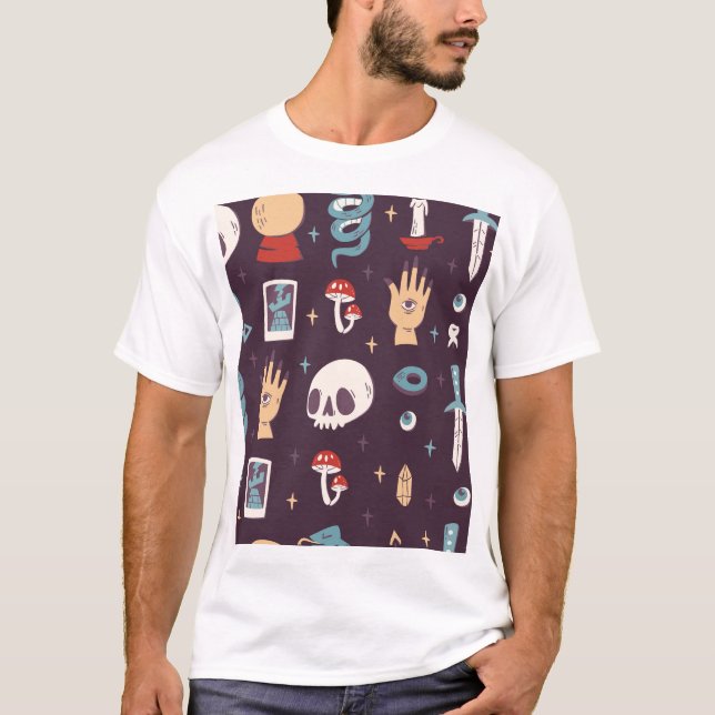 Camiseta Elementos mágicos: crânio, tarot sem soldadura (Frente)