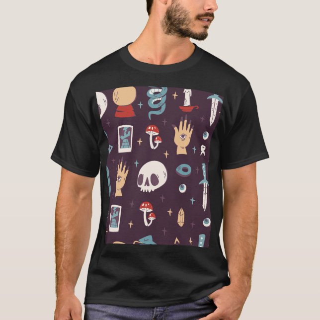 Camiseta Elementos mágicos: crânio, tarot sem soldadura (Frente)