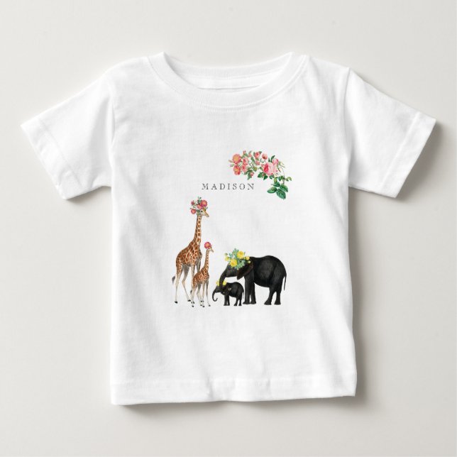 Camiseta Elephant & Giraffe Floral Custom Baby Name (Frente)