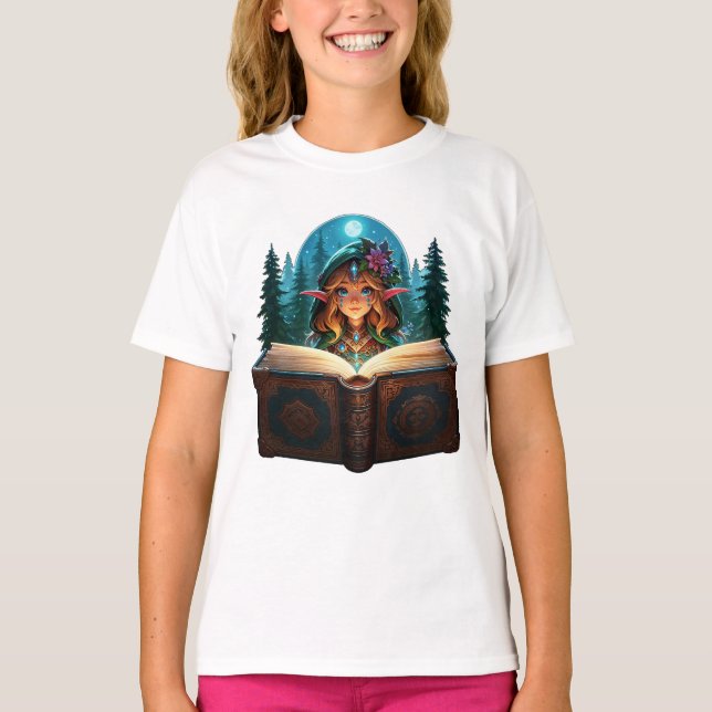 Camiseta "Elf Florestal Encantado Lendo Grimoire" (Frente)