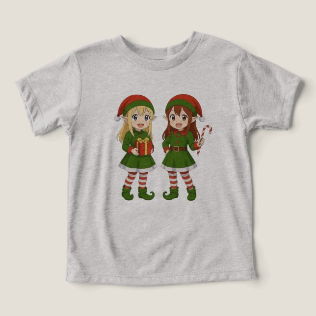 Camiseta Elfes de Natal fofos de anime (Design frontal)
