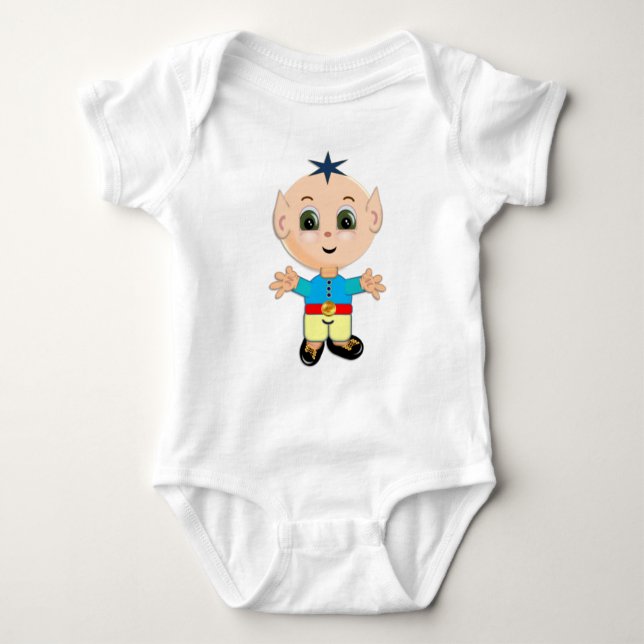 Camiseta Elfo bebê feliz e bonito, de roupas azuis e amarel (Frente)