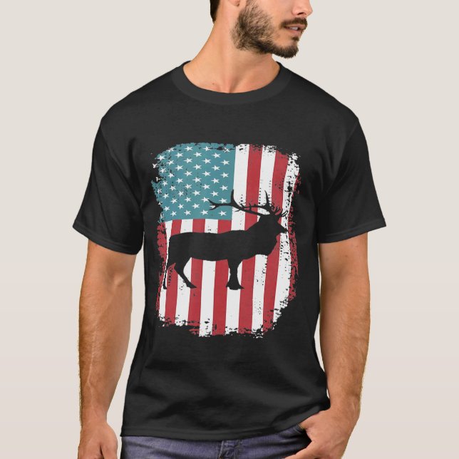 Camiseta Elk Hunting Patriotic American Flag (Frente)