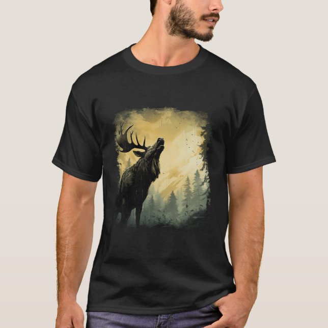 Camiseta Elk Moose Engraçada Em Floresta Com Pinheiros Vead (Frente)