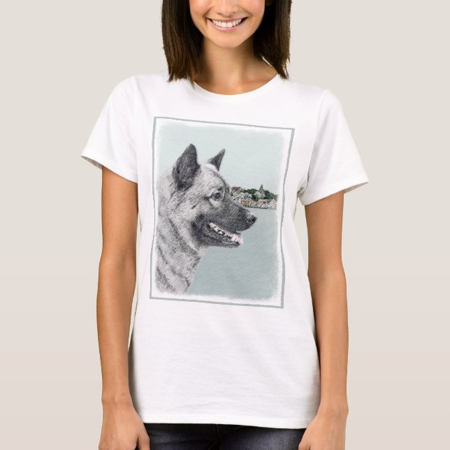 Camiseta Elkhound norueguês na pintura da vila - Arte canin (Frente)