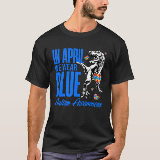 Camiseta Em Abril Nós Usamos Azul Puzzle Rex Dinossauro Aut