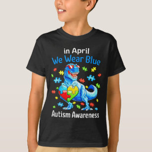 Camiseta em abril Use Azul Conscientização do Autismo Dino