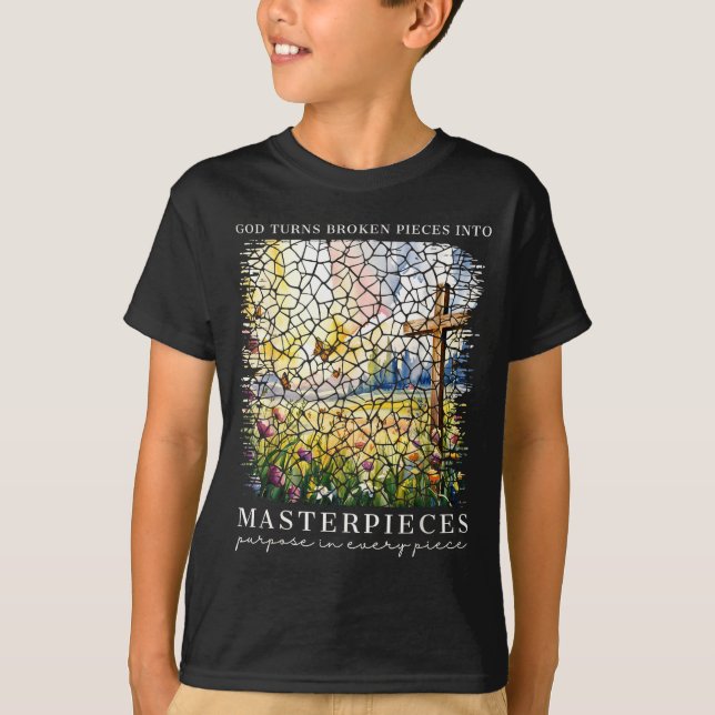 Camiseta Em Deus se Transformam Peças Quebradas Obras-Prima (Frente)