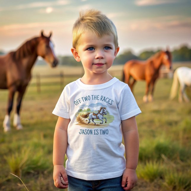 Camiseta Em duas corridas, a festa de derby equestre impres (Off two the races equestrian derby party printed toddler t-shirt horse birthday personalized shirt)