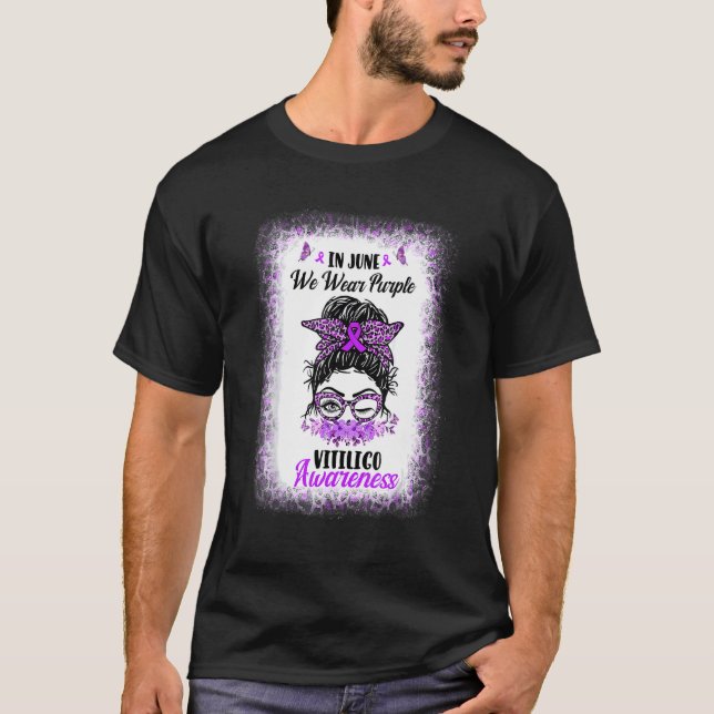 Camiseta Em junho, Vestimos Awarenes Roxos Bun Vitiligo (Frente)