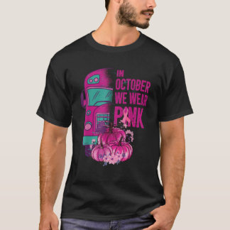 Camiseta Em outubro nós usamos o ônibus escolar rosa câncer