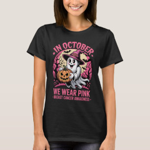 Camiseta Em Outubro Usamos Rosa Bruxa Fantasma Fofo Hallowe