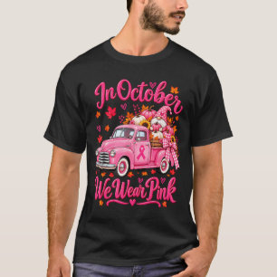 Camiseta Em outubro use gnomo cor-de-rosa abóbora caminhão 