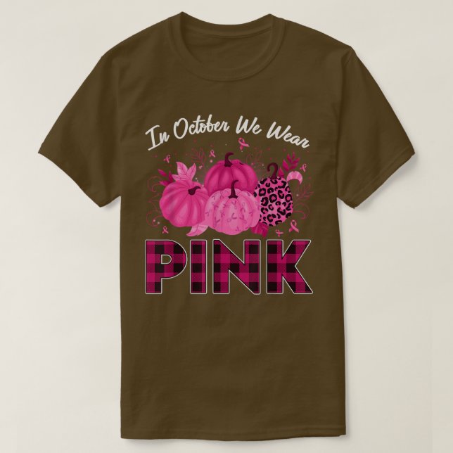 Camiseta Em outubro, Vestimos a fita rosa-cola-pumpkin (Frente do Design)