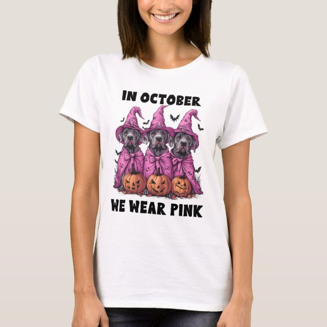 Camiseta Em outubro, Vestimos Breas De Dia das Bruxas Rosa  (Frente)
