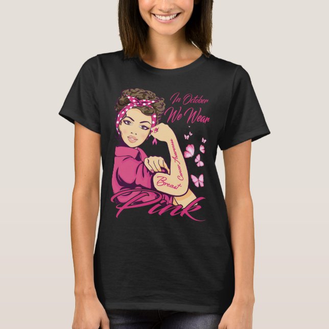 Camiseta Em outubro, Vestimos Cancer de mama preto-rosa (Frente)