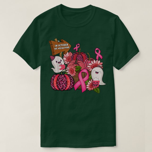 Camiseta Em outubro Vestimos Fantasmas Rosa Leopard Pumpkin (Frente do Design)