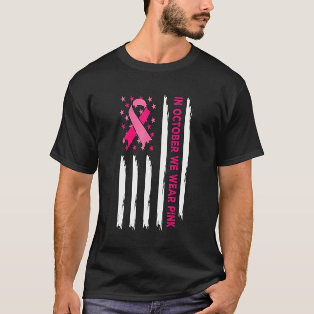Camiseta Em outubro, Vestimos Fita Rosa Fita, Bandeira Amer (Frente)