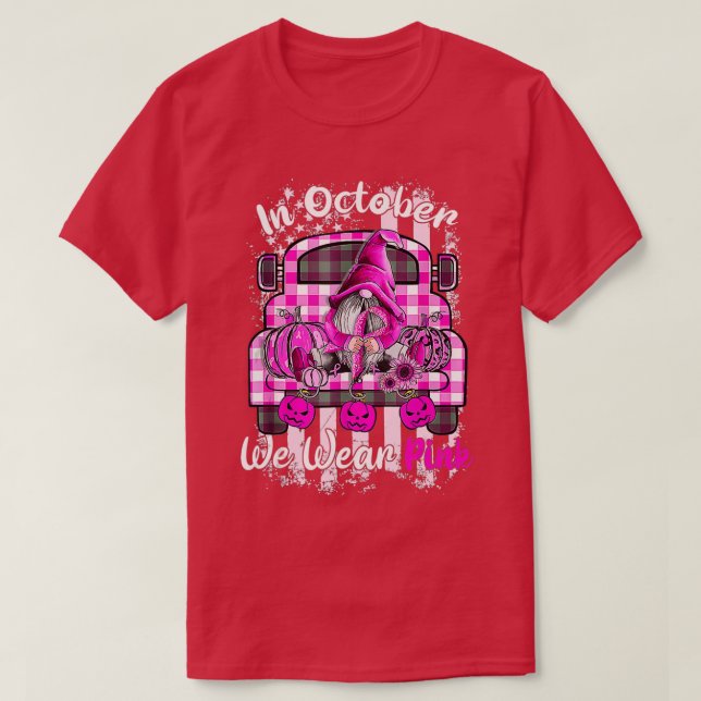 Camiseta Em outubro Vestimos Gnomo Rosa Cancer Mama Awaren (Frente do Design)