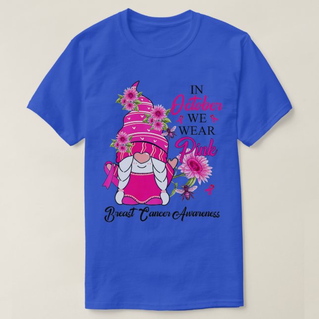 Camiseta Em outubro Vestimos Gnomo Rosa Cancer Mama Awaren (Frente do Design)