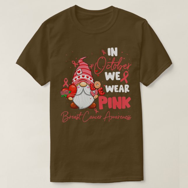 Camiseta Em outubro Vestimos Gnomo Rosa Cancer Mama Awaren (Frente do Design)