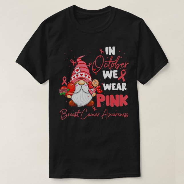 Camiseta Em outubro Vestimos Gnomo Rosa Cancer Mama Awaren (Frente do Design)
