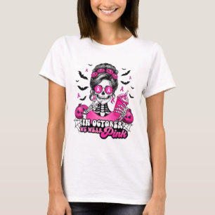 Camiseta Em outubro Vestimos O Cancer Rosa Skeleton Hal