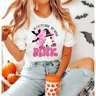 Camiseta Em outubro Vestimos o dia das bruxas cor-de-rosa