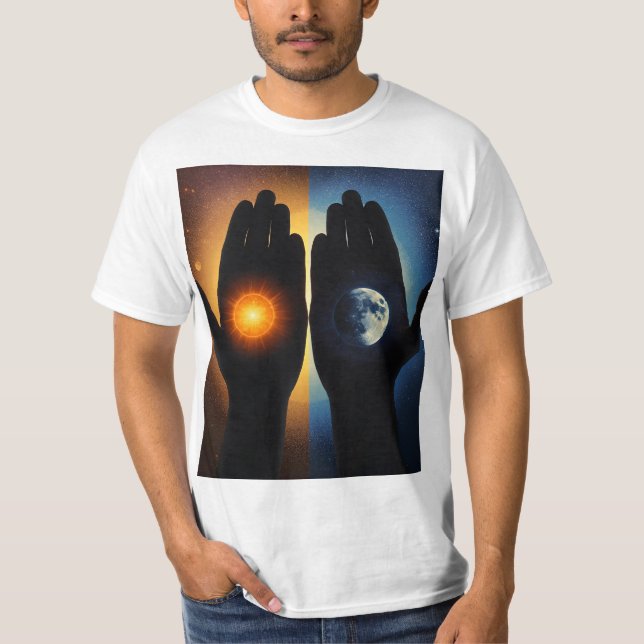 Camiseta ✋🌞🌙 Em Suas Mãos: Sol e Lua Segurados (Frente)