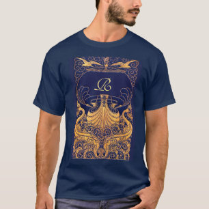 Camiseta Embarcação Antica,Golfinhos,Dourado,Monograma Azul