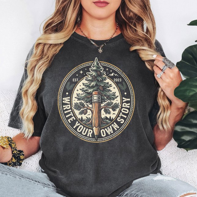 Camiseta Emblema de Árvore de Lápis Escreva Sua Própria His (Criador carregado)
