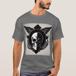 Camiseta Emblema de Caveira com Asas e Detalhes Ornamentais
