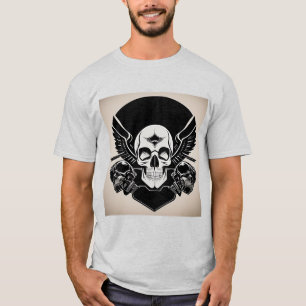 Camiseta Emblema de Caveira com Asas e Detalhes Ornamentais