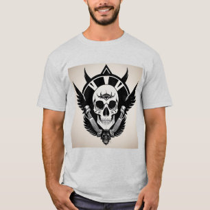 Camiseta Emblema de Caveira com Asas e Detalhes Ornamentais