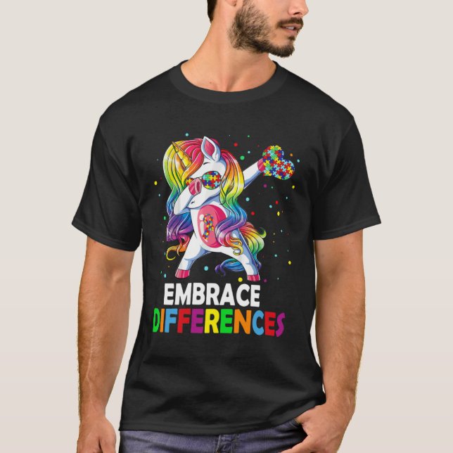 Camiseta Embrace Differences Unicorn Dabbing Puzzle Autism  (Frente)